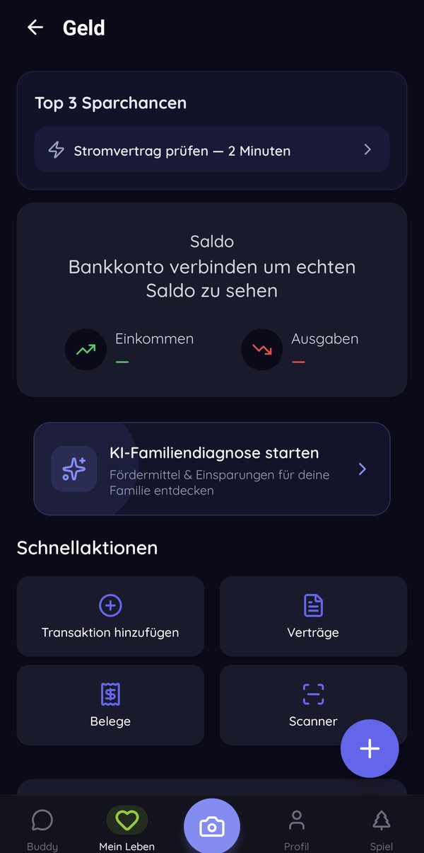 Screenshot der Buddi-App: Geld-Bereich mit Sparchancen, Familiendiagnose und Verträgen