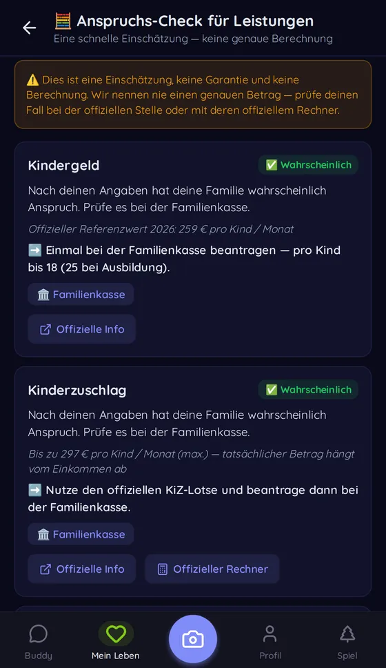 Buddi-App: Anspruchs-Check für Leistungen, Kindergeld und Kinderzuschlag jeweils als wahrscheinlich markiert, mit Links zur Familienkasse